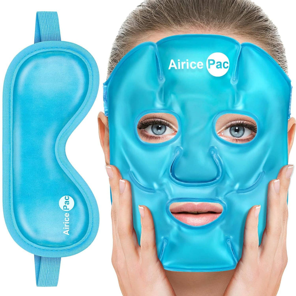 Blue cooling gel face mask and separate eye mask with strap, Airice Pac logo