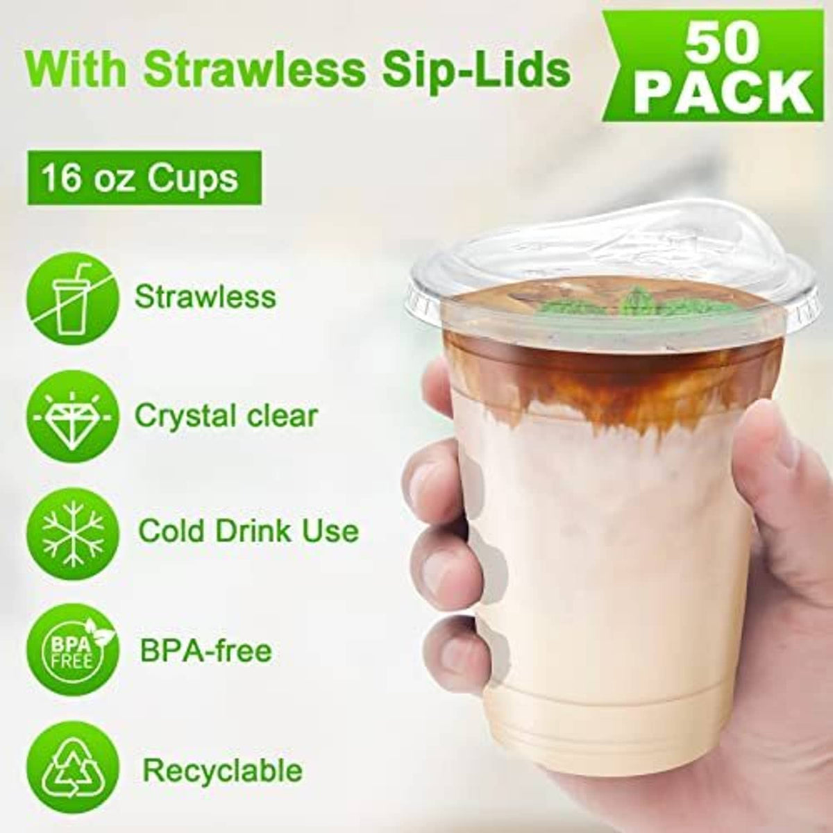 Clear 16 oz cup with strawless sip lid, held in hand with cold coffee drink