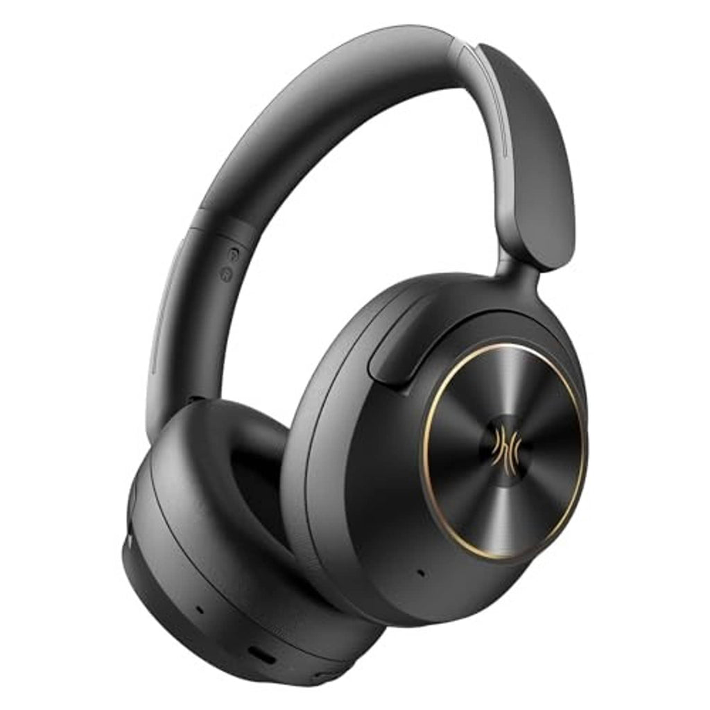 Black over-ear wireless headphones showing gold-trimmed circular earcup and soft pads