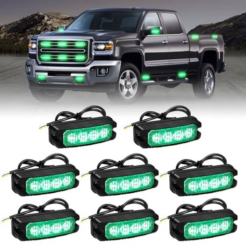 8-pack green LED strobe light modules for truck grille, black housing