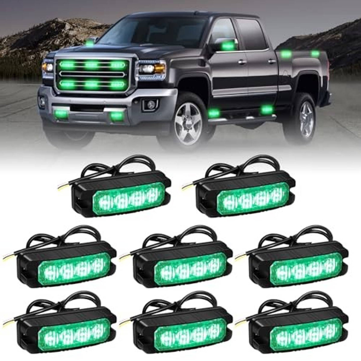 8-pack green LED strobe light modules for truck grille, black housing