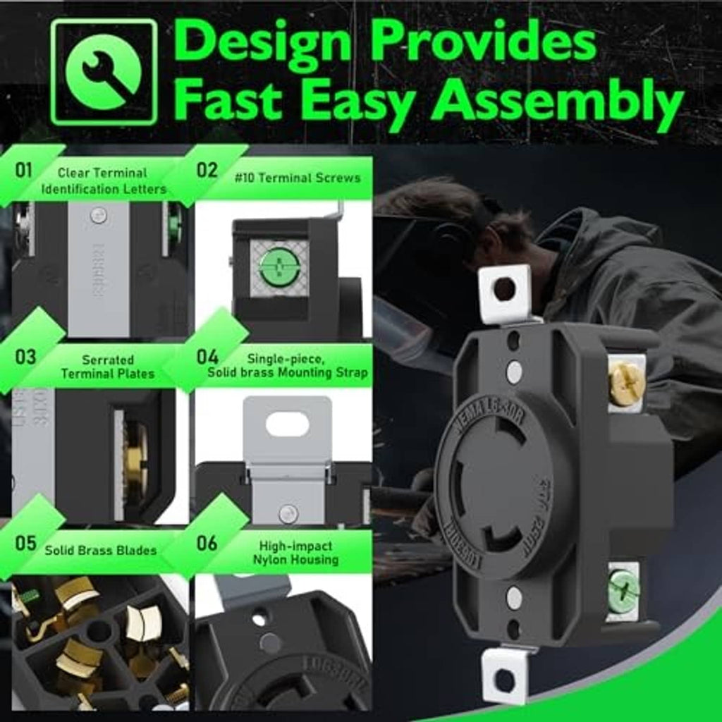 Black NEMA L6-30R locking receptacle assembly with terminal plates and brass blades