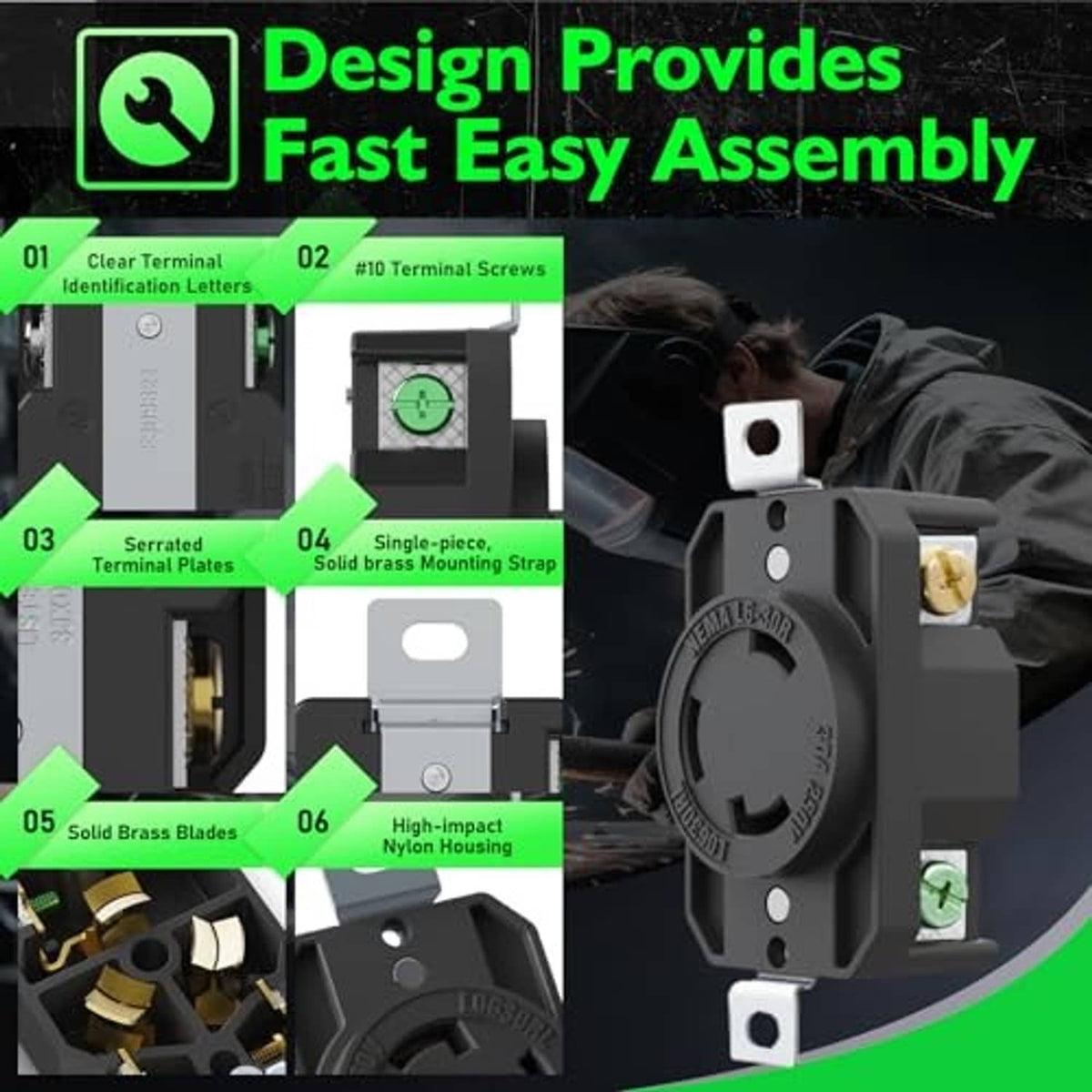 Black NEMA L6-30R locking receptacle assembly with terminal plates and brass blades