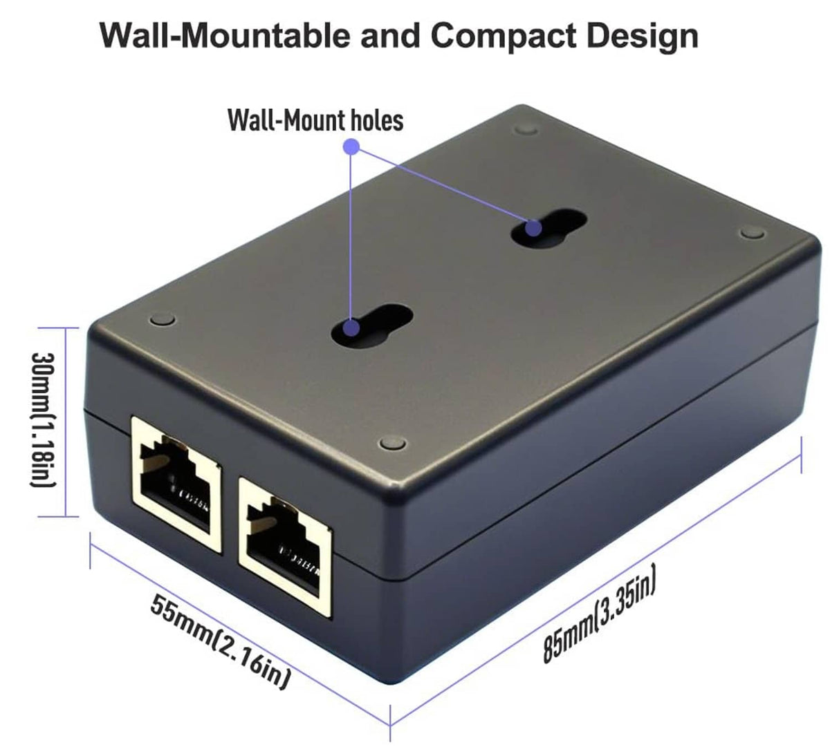 Wall-mountable Gigabit PoE+ injector with RJ45 ports, rubber feet, and mount holes