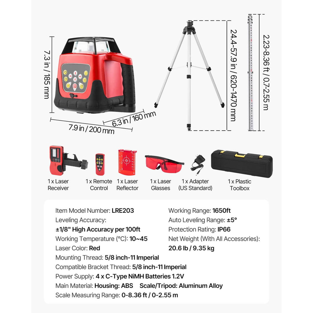 Red laser level kit set with tripod and accessories, shown with size labels