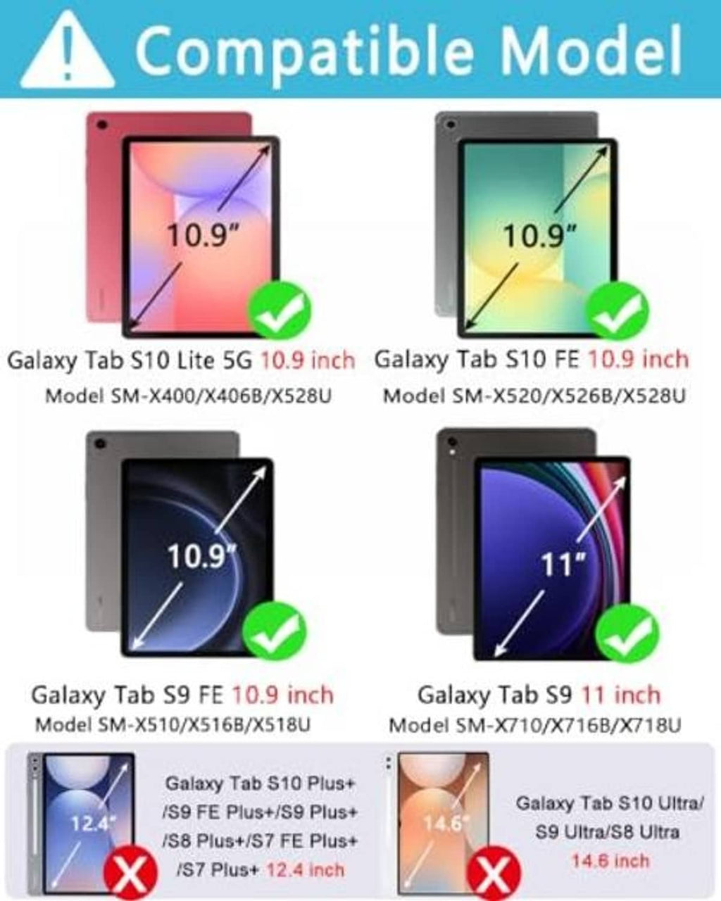 Tablet model compatibility guide graphic for 10.9" and 11" Samsung Galaxy Tabs
