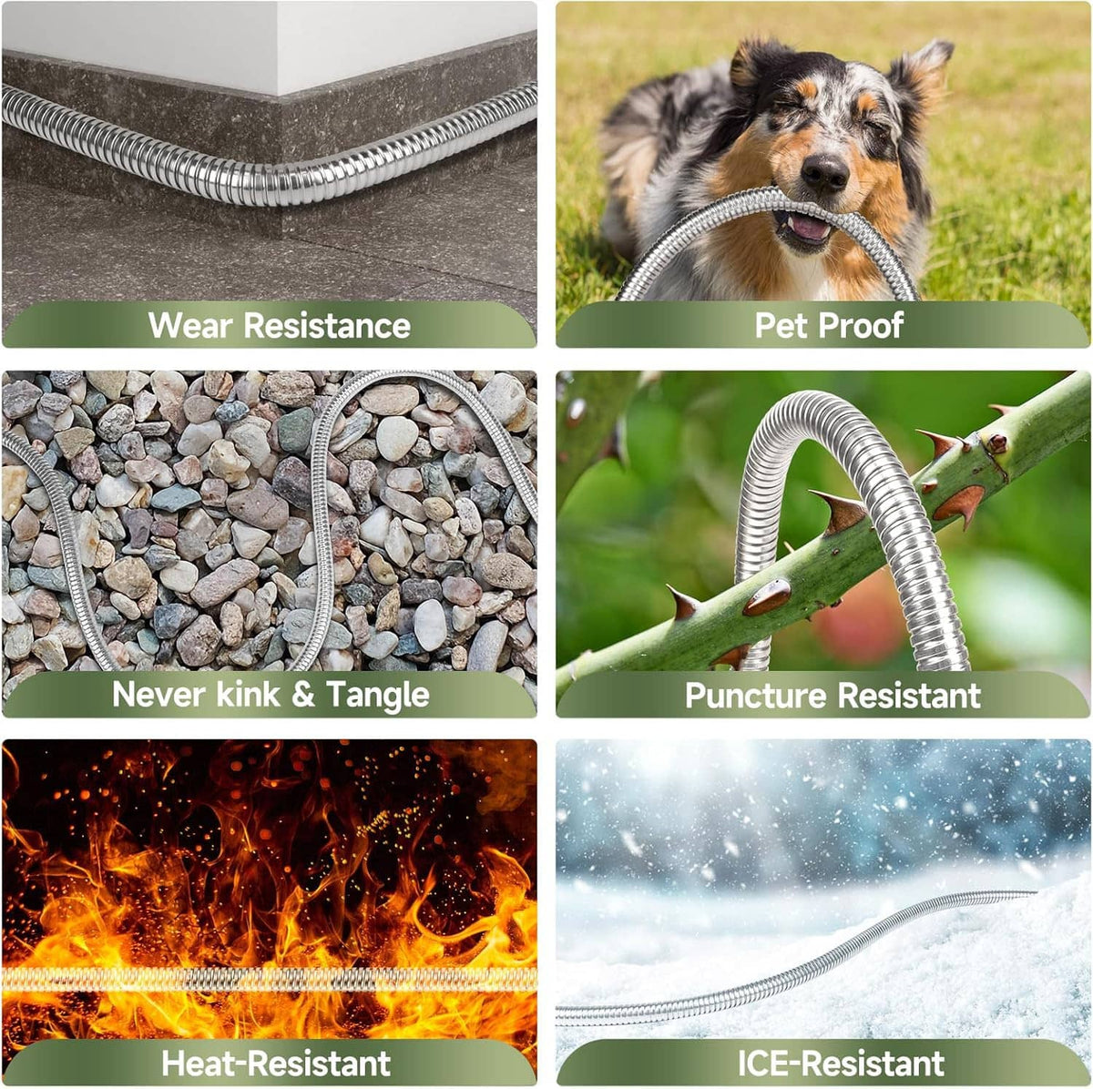 Stainless steel metal hose shown with durability feature scenes