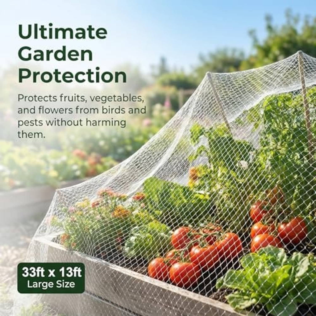 Large clear bird net tunnel over garden plants with fruit and vegetables inside mesh enclosure