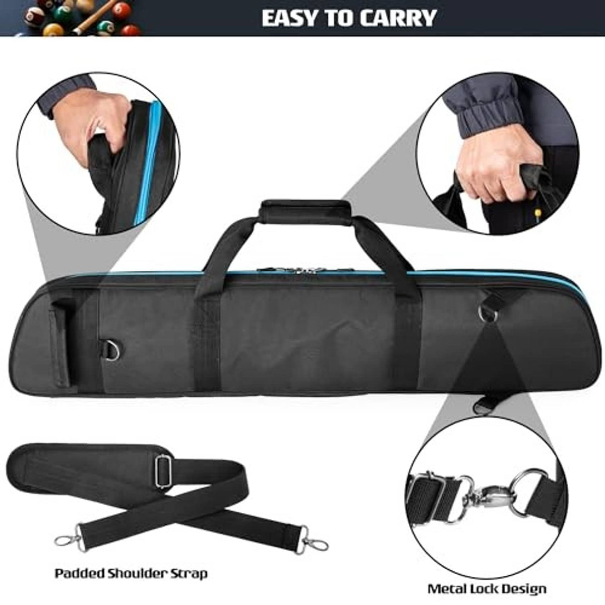 Soft pool cue case with carry handle, padded shoulder strap, and locking hardware; black with blue trim.