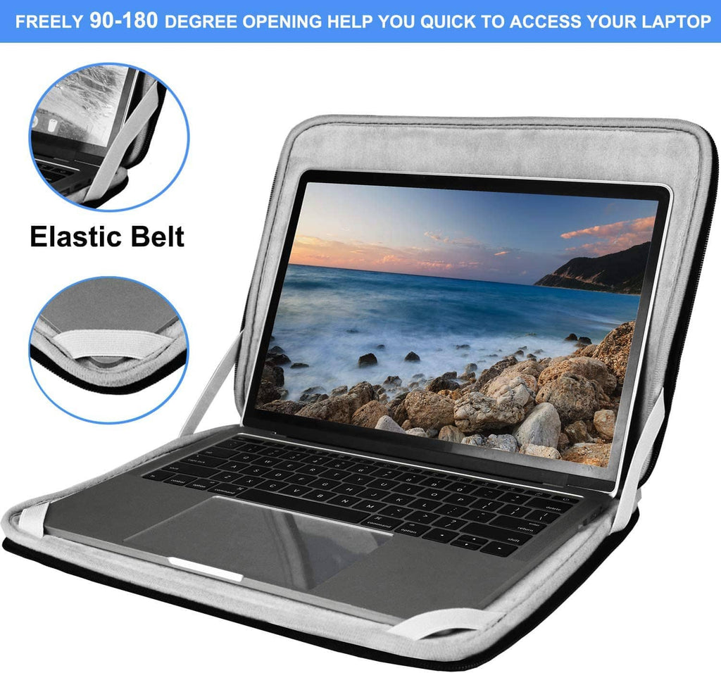 Gray-lined laptop sleeve with elastic belt and 90-180 degree opening, laptop inside.
