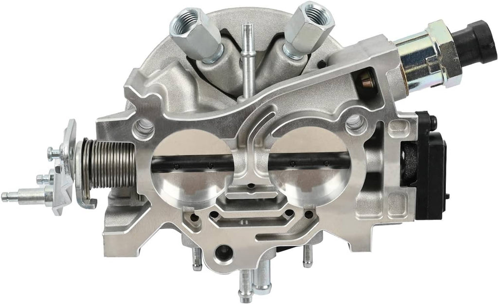 Throttle body assembly with side fittings and fuel line ports, silver aluminum finish.
