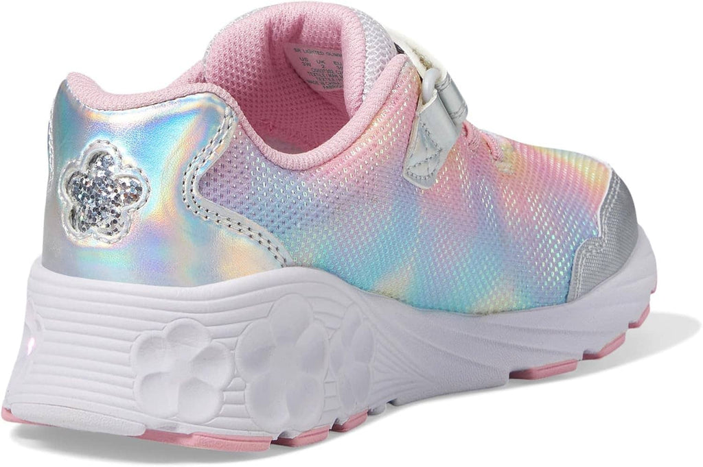 Kids iridescent sneakers heel with glitter butterfly charm and pink collar padding, padded back tab.