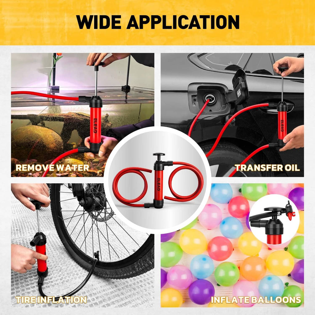 Multi-use transfer pump kit with red pump and hoses for liquids and inflation tasks