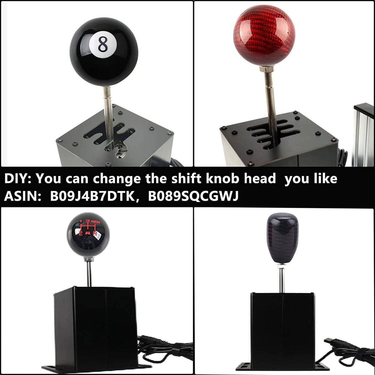Gear shifter with removable shift knob heads: black and red ball knobs on metal stem