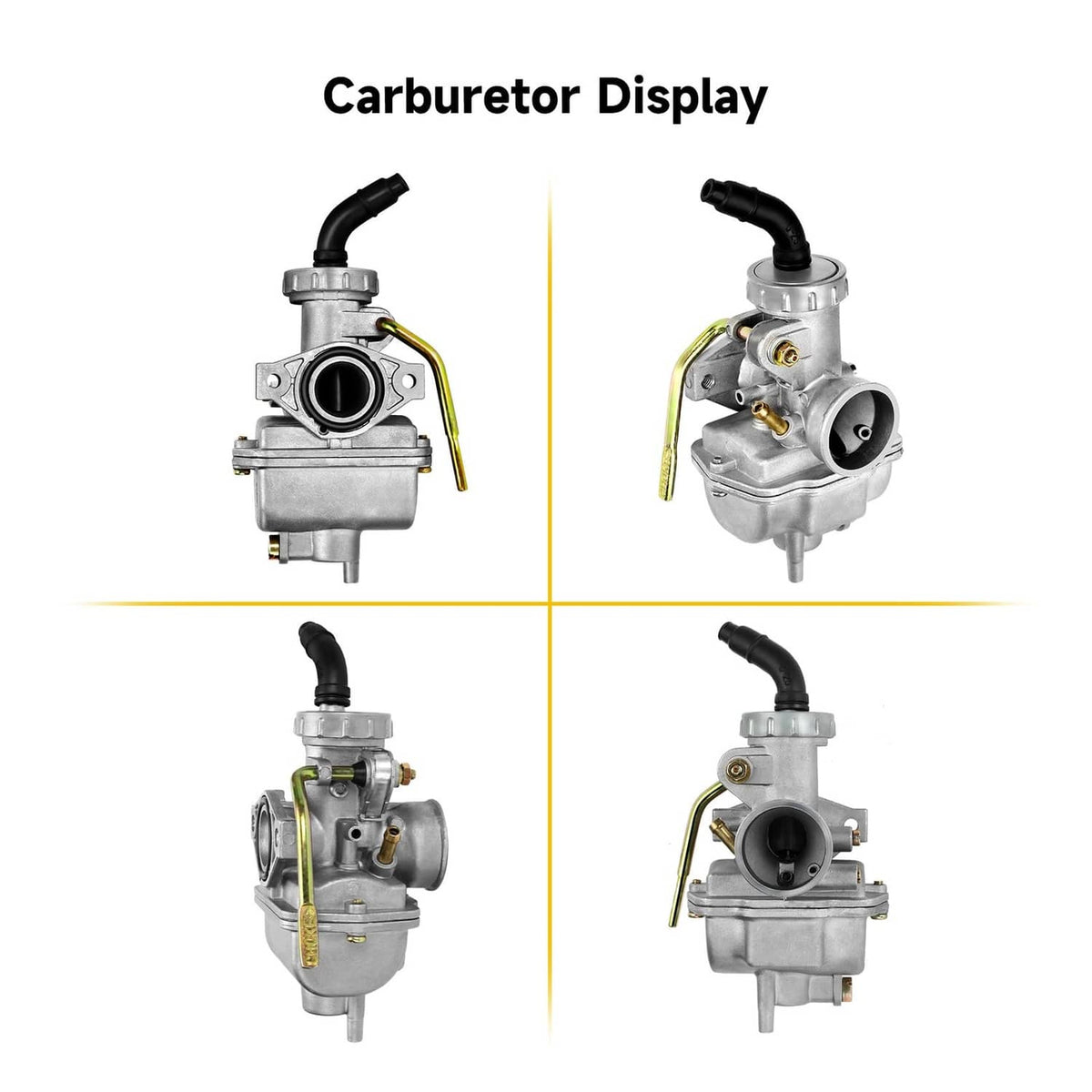 Carburetor display with multiple angles, red/black components, and black intake hose.