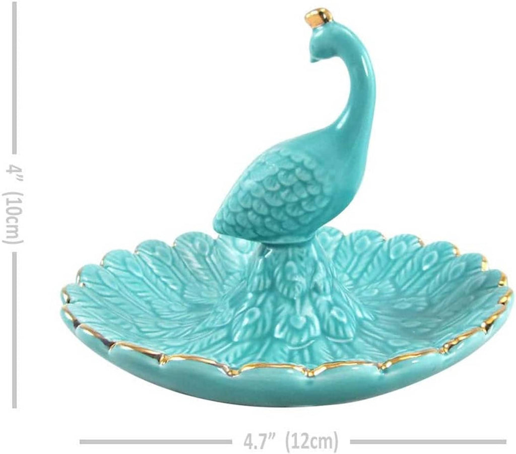 Turquoise ceramic peacock jewelry tray with gold trim; includes product size markings