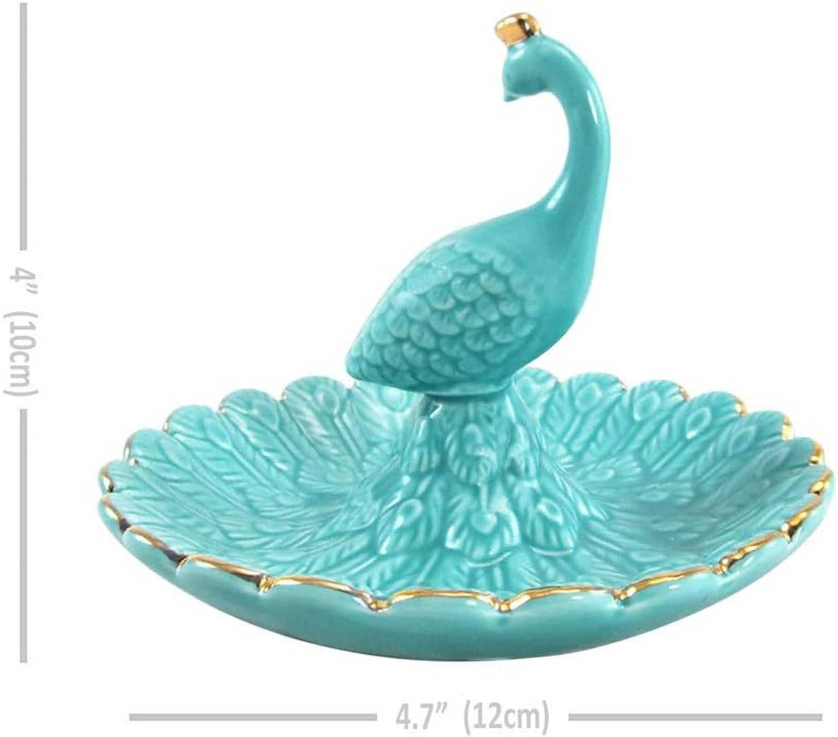 Turquoise ceramic peacock jewelry tray with gold trim; includes product size markings