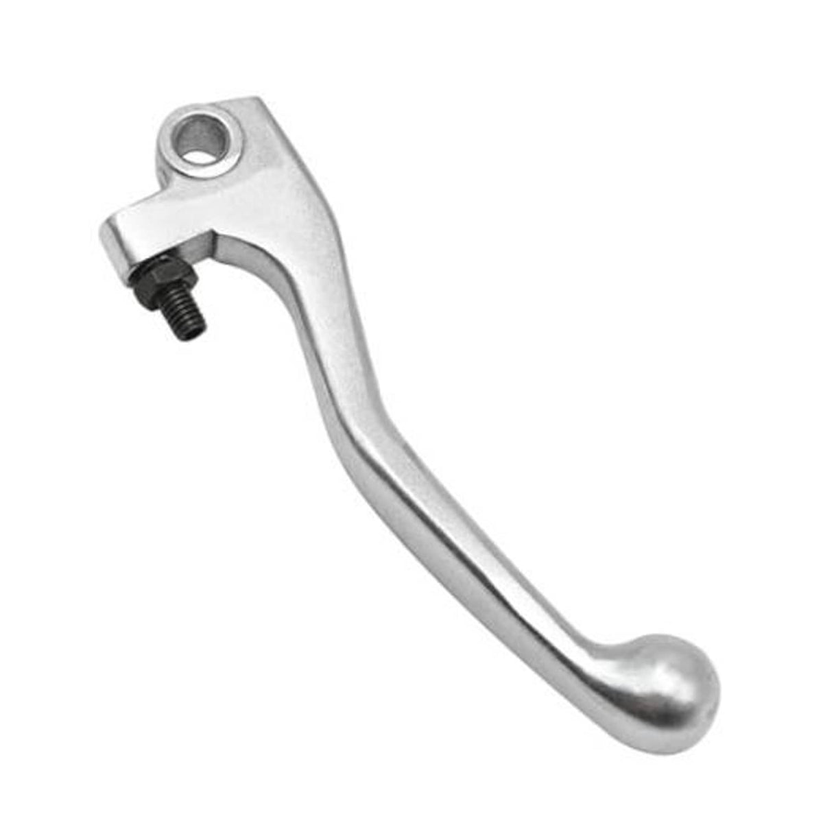 Silver motorcycle brake lever replacement with threaded mounting bolt and circular hole