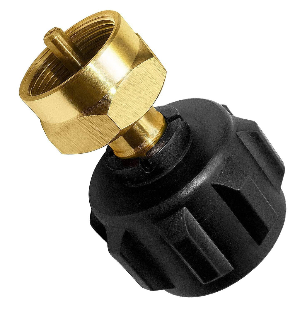 Brass LP gas refill adapter with black coupler and threaded brass fitting