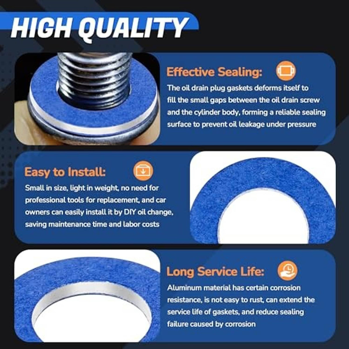 Blue oil drain plug gasket washer with threaded screw and aluminum sealing ring close-up