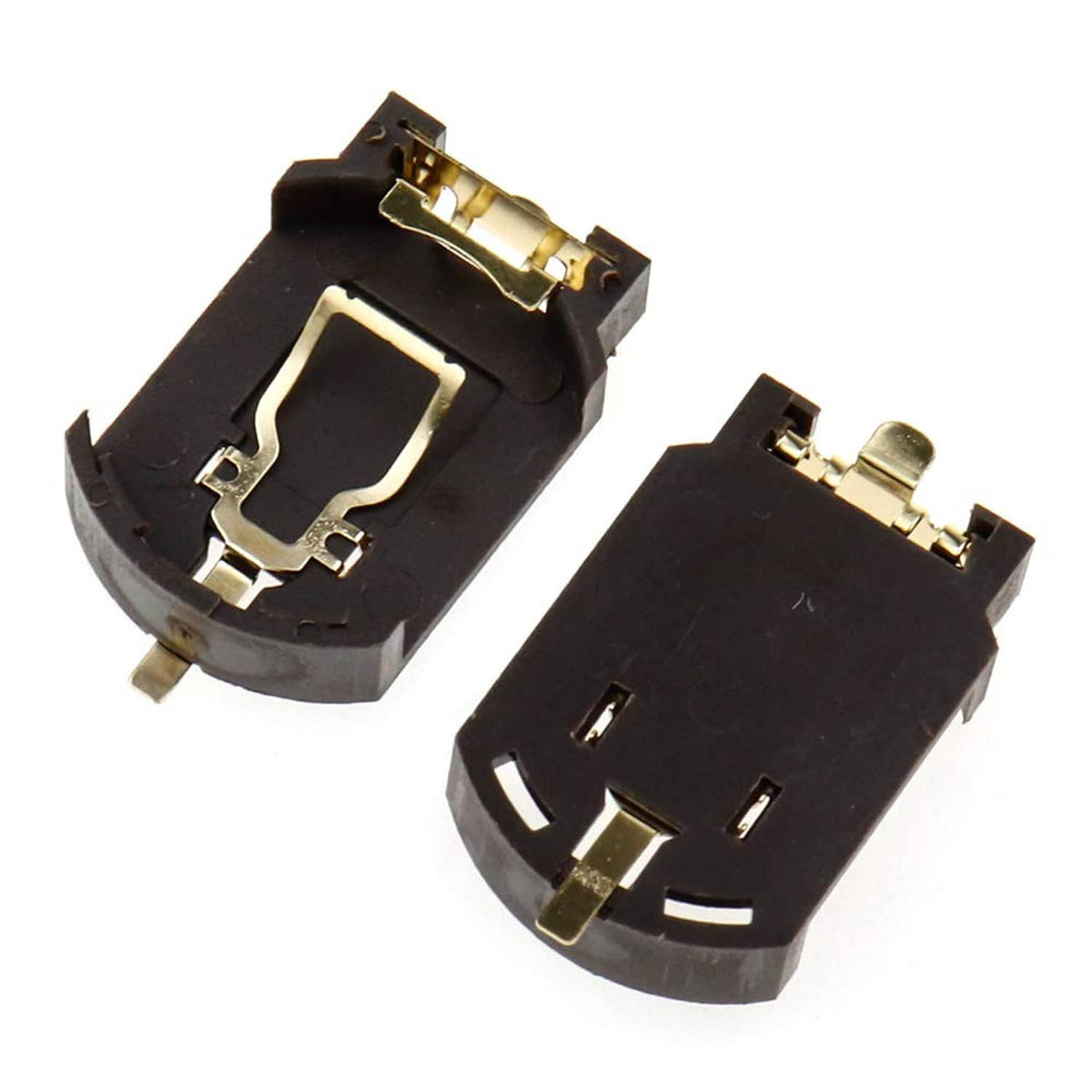 Pair of CR2032 coin cell battery holders, black with gold terminal contacts