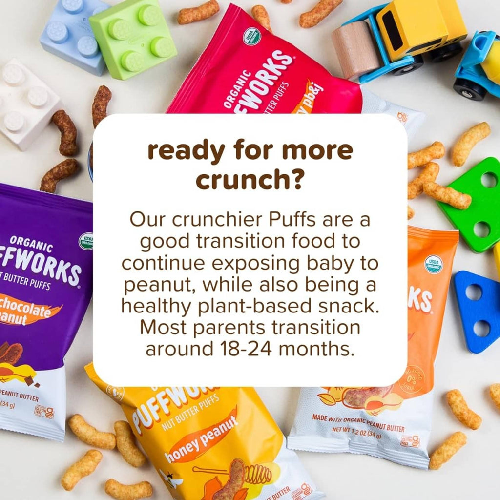 Organic puff snack pieces with Puffworks baby packaging in the background