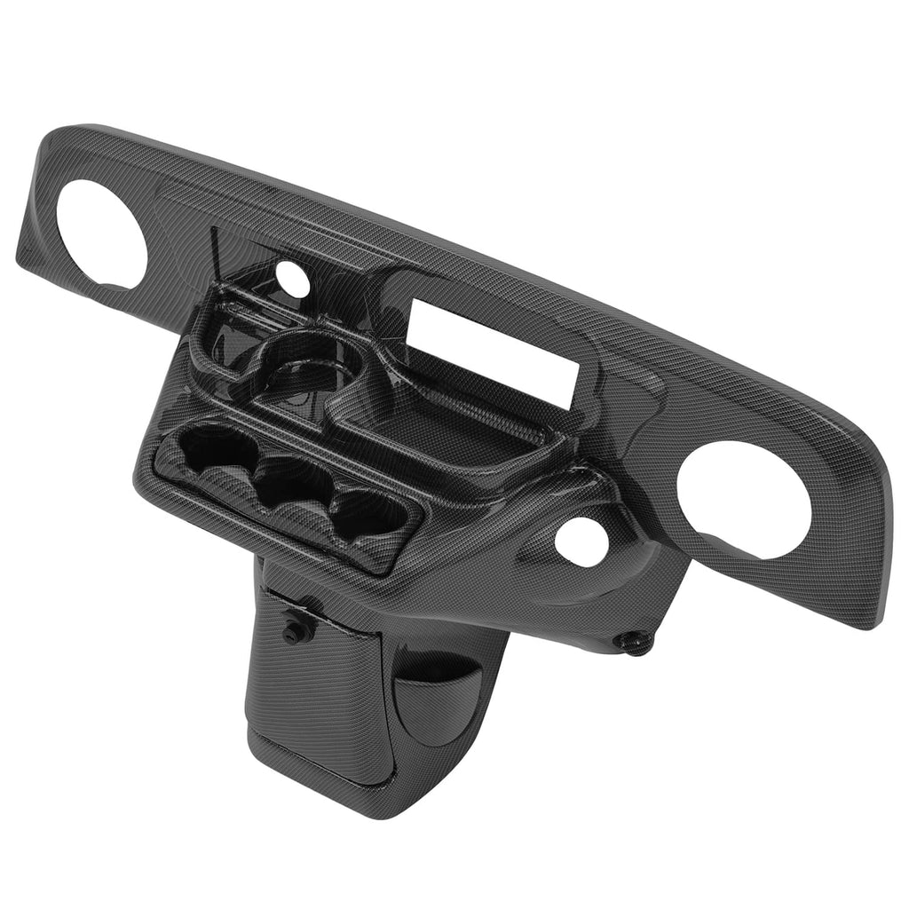 Carbon fiber style dash panel with rectangular radio cutout and circular speaker openings, dark finish