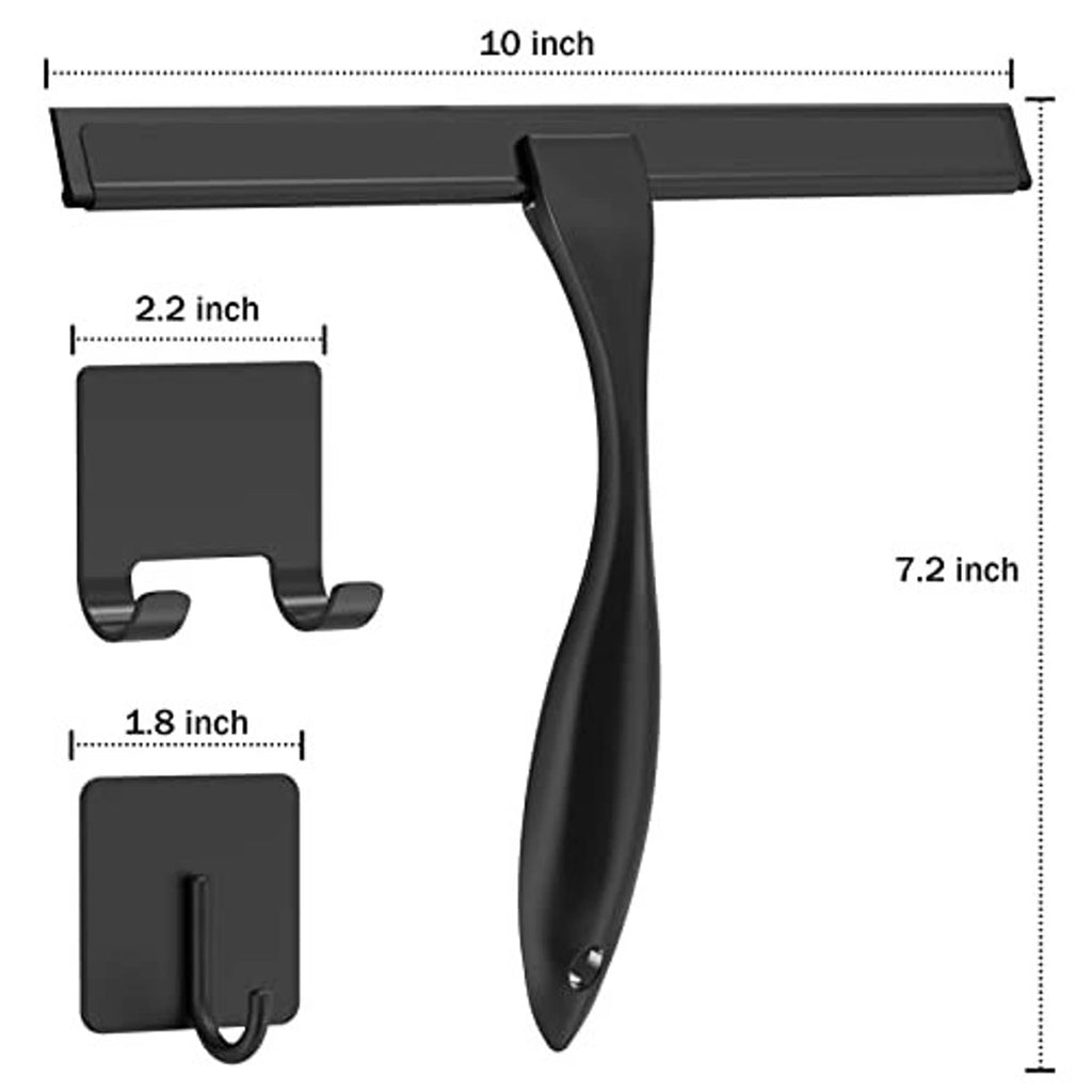 Black shower squeegee with 10 inch blade, 7.2 inch handle and mounting clips