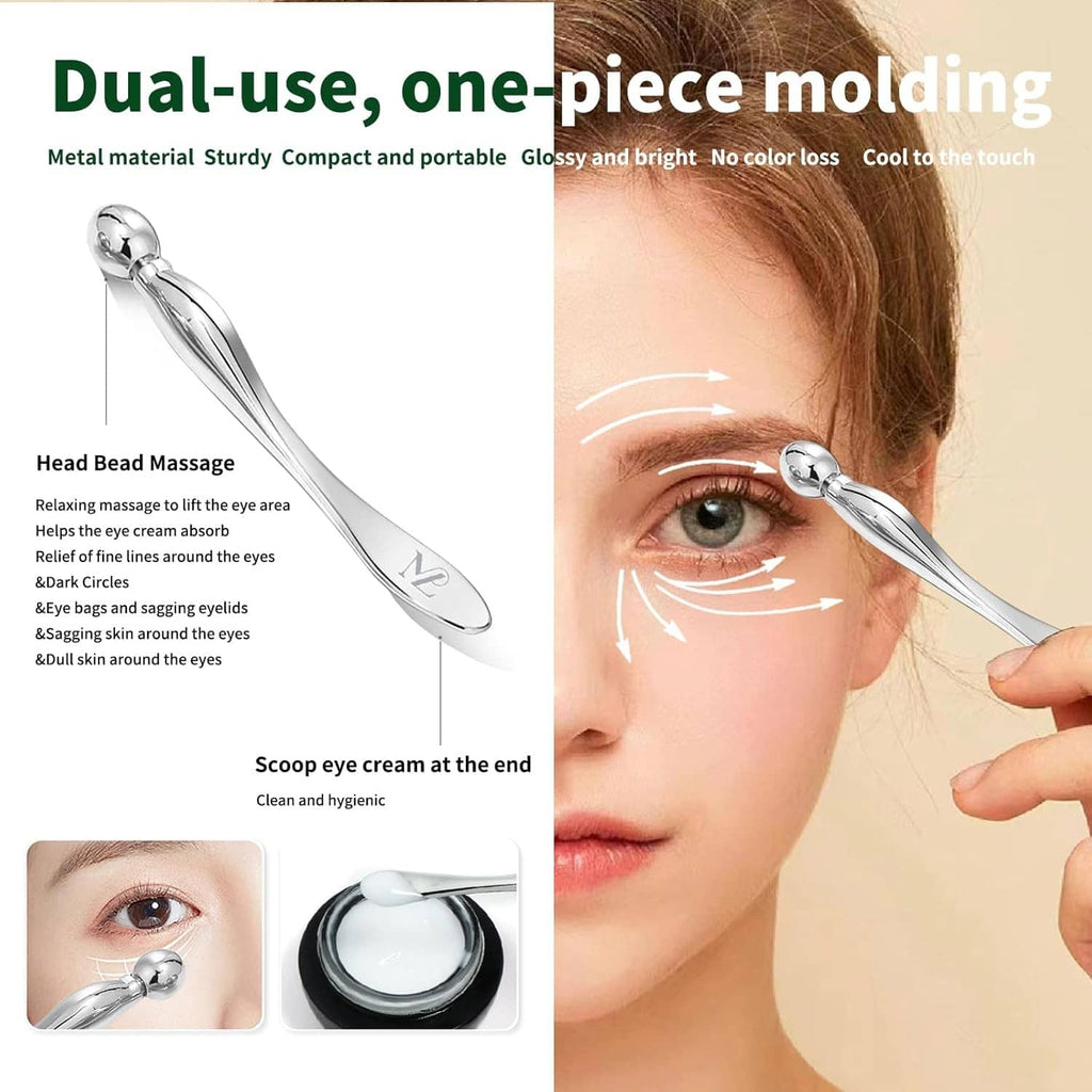 Dual-use facial roller and gua sha tool with smooth curved edge, silver finish