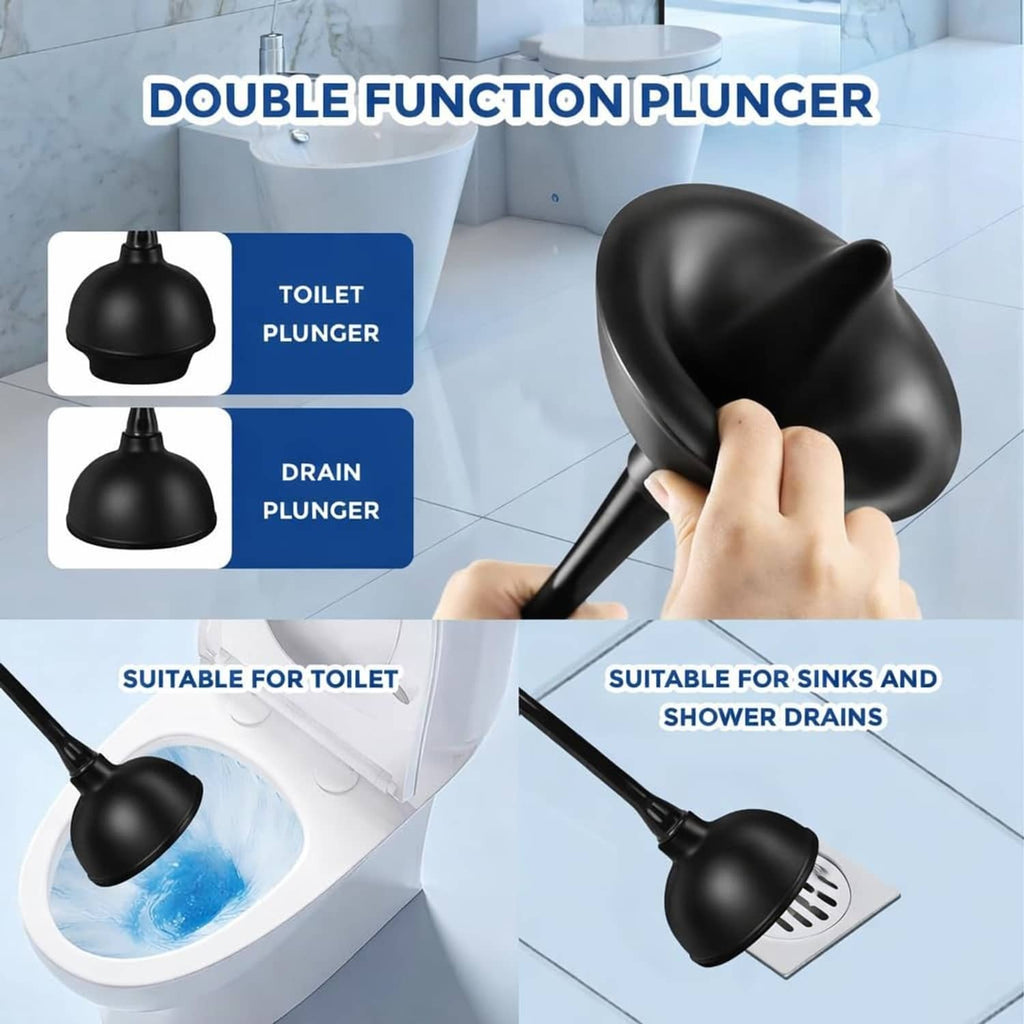 Double-function matte black plunger with holder and interchangeable suction cups