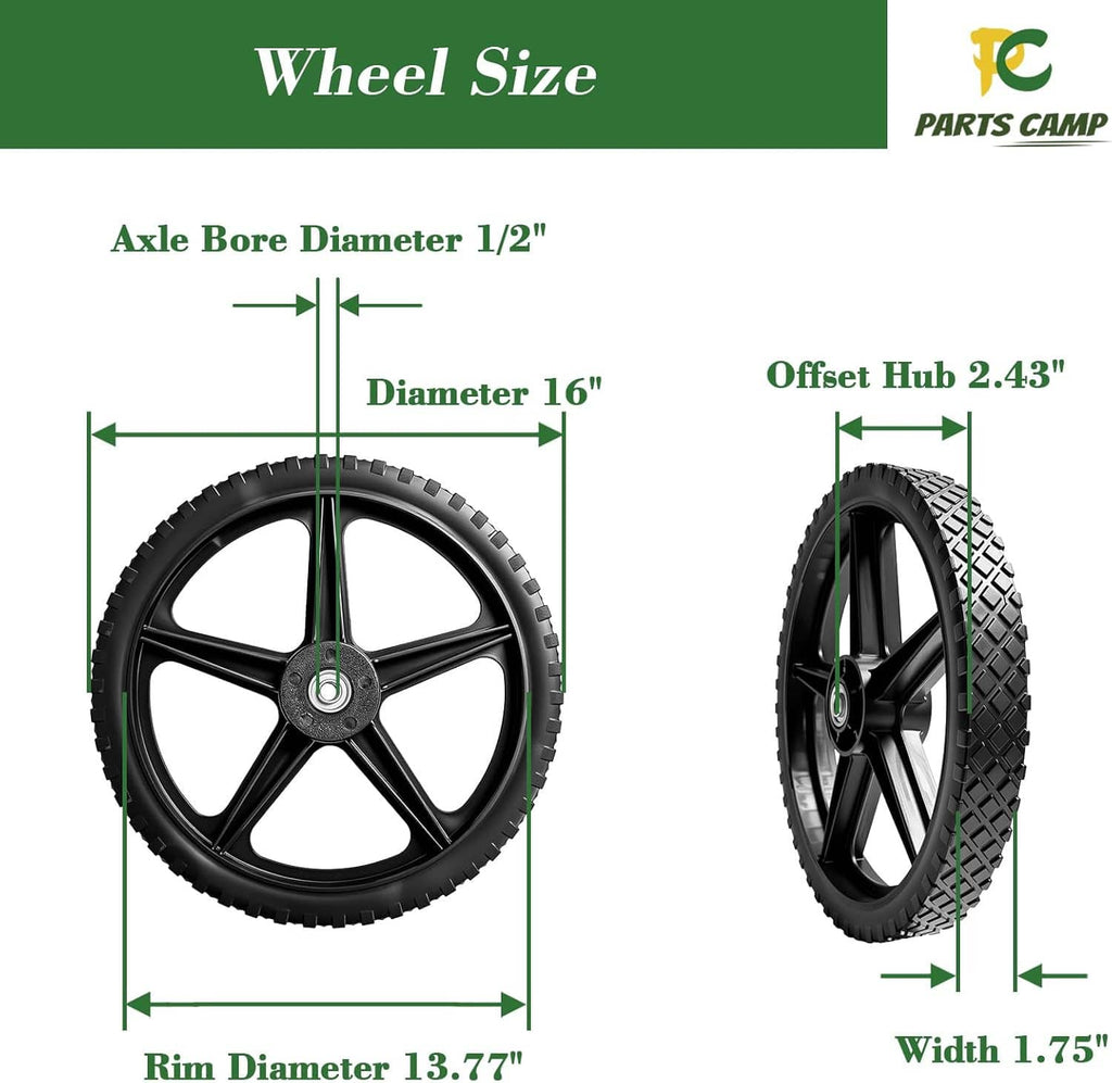 Black spoked wheel with tire, shown with size measurements and axle specifications
