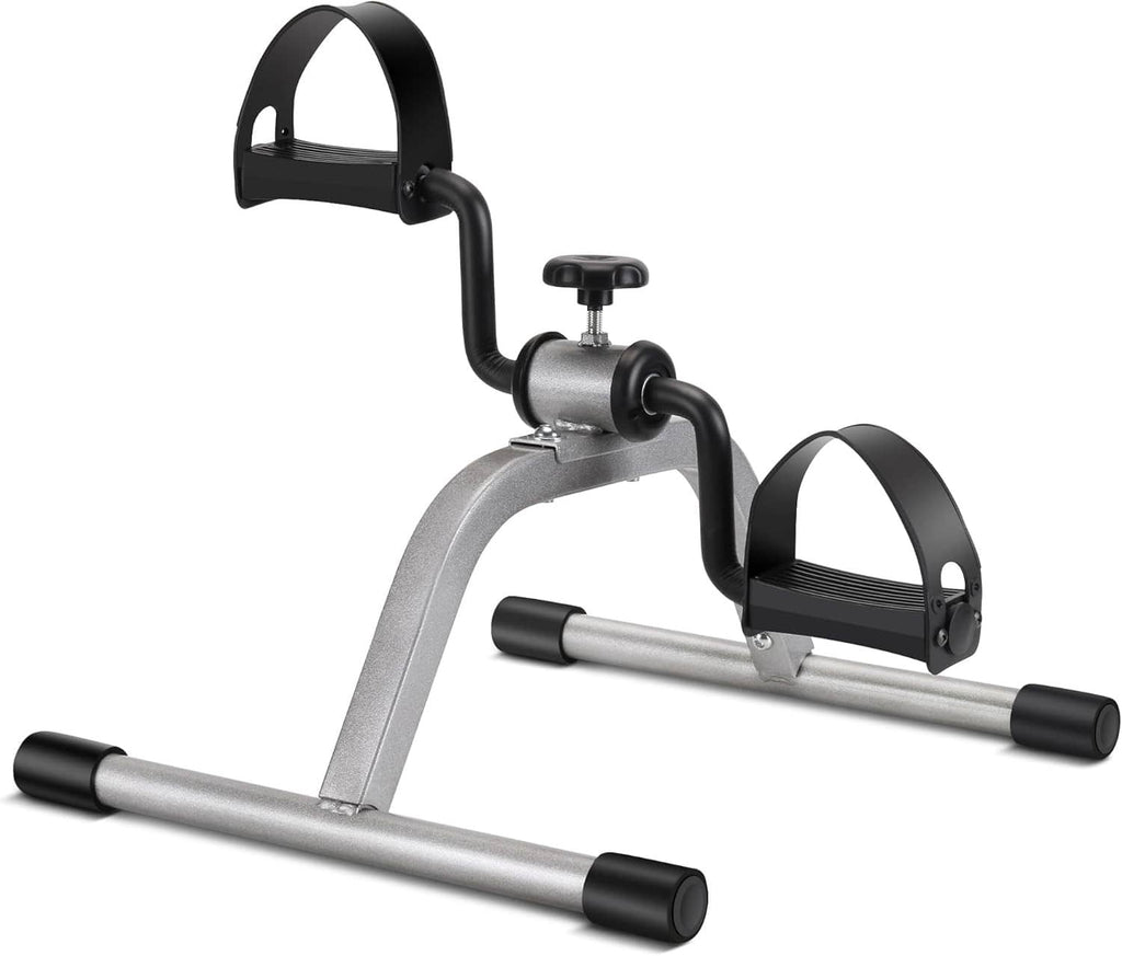 Mini exercise pedal bike with silver frame, black handles, and padded seat for recovery exercise