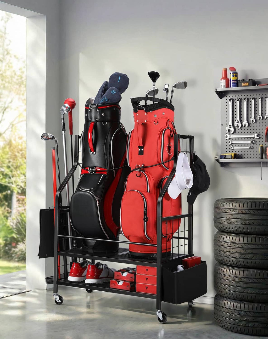 Wheeled golf bag organizer rack holding two golf bags with side poles and lower storage