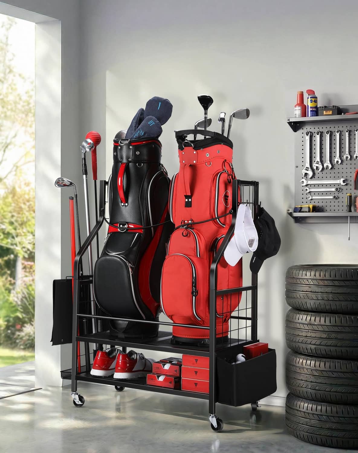 Wheeled golf bag organizer rack holding two golf bags with side poles and lower storage