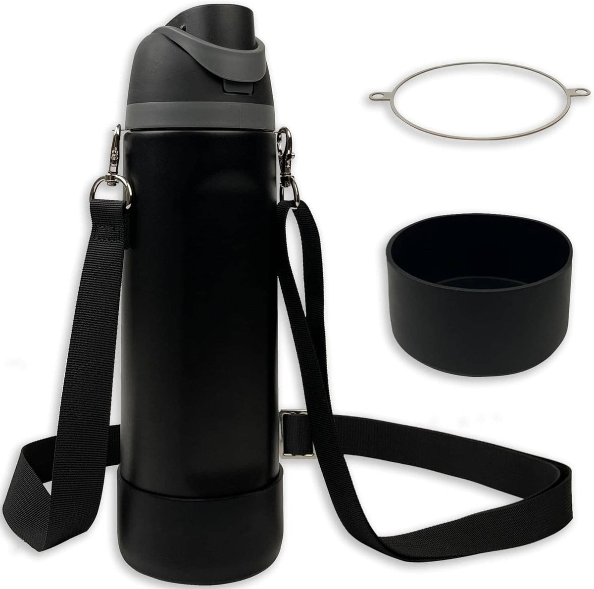 Black silicone bottle boot set with non-slip cup sleeve, adjustable strap, and carry ring.