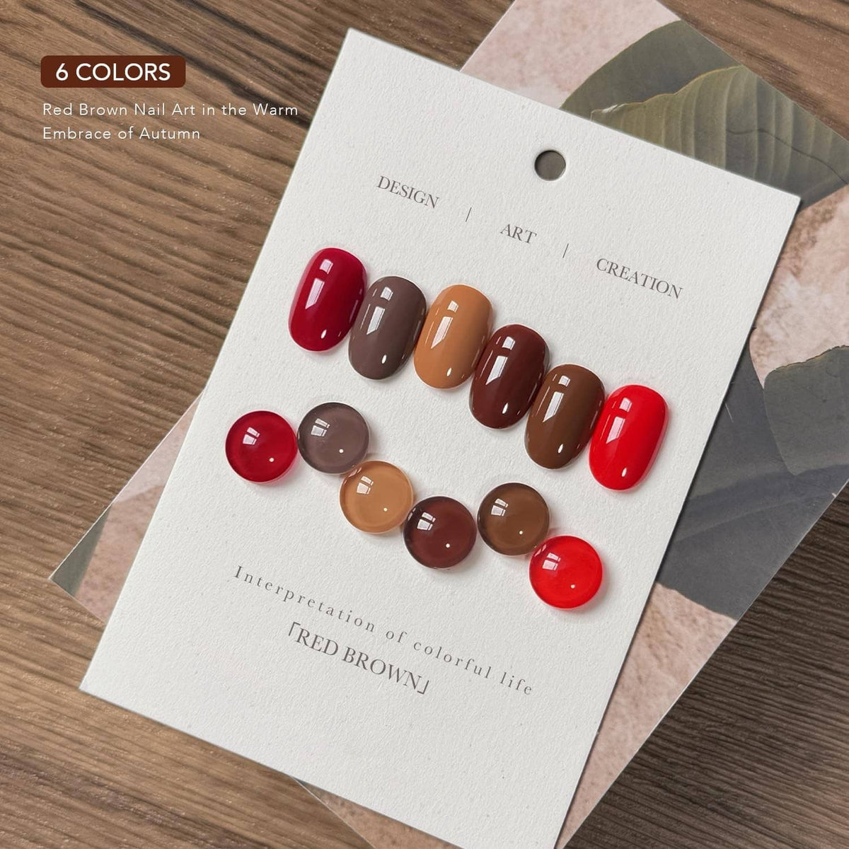 Gel nail polish set card showing six red-brown shades with matching color dots