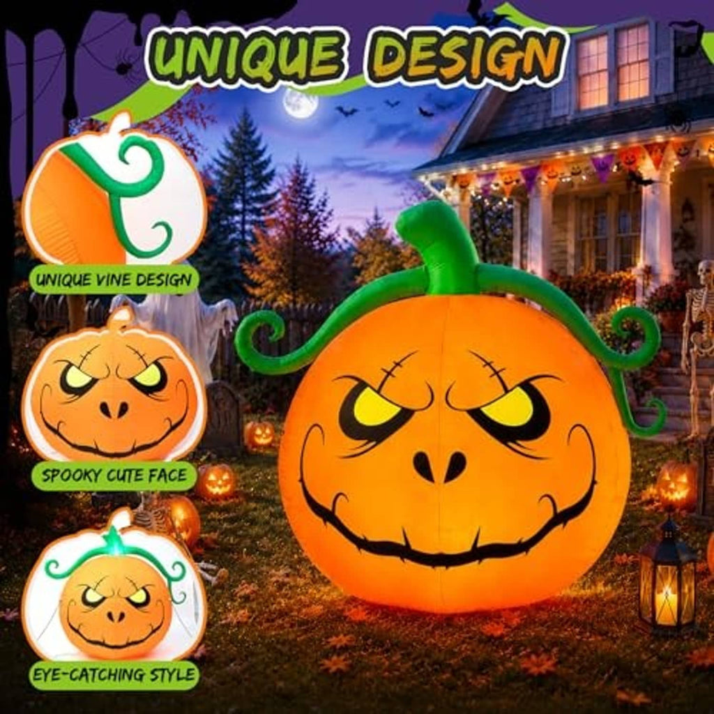 Lighted inflatable pumpkin decoration with smiling jack-o’-lantern face and green curls