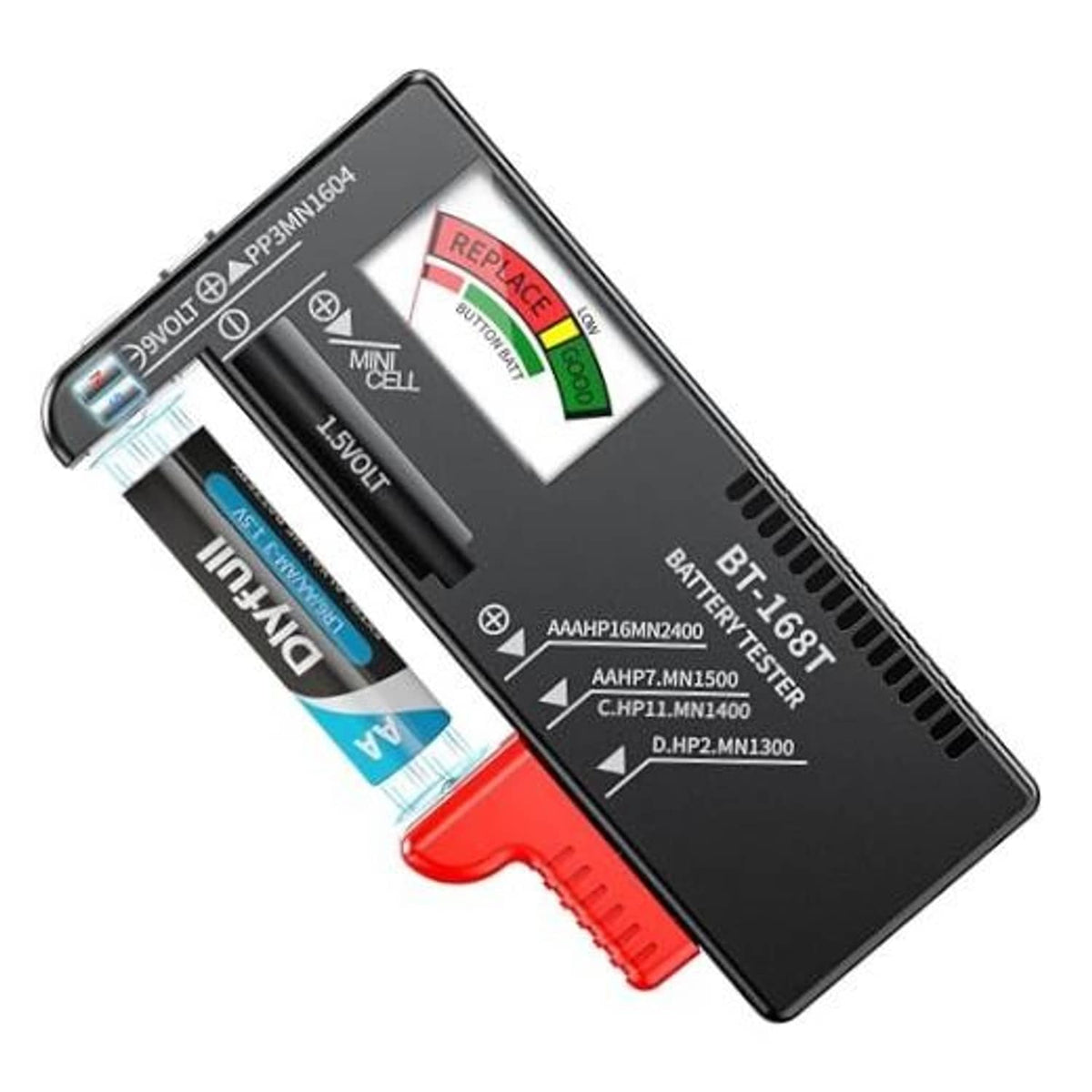 Black battery tester with red handle and indicator window for battery status.