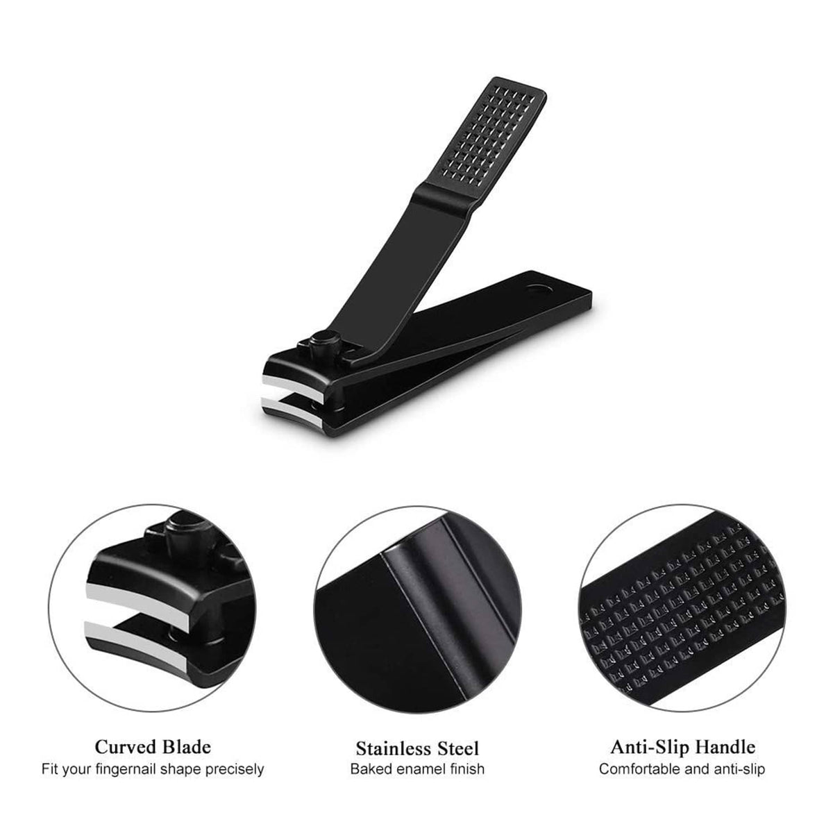 Black nail clipper with curved blade, built-in file, and anti-slip handle