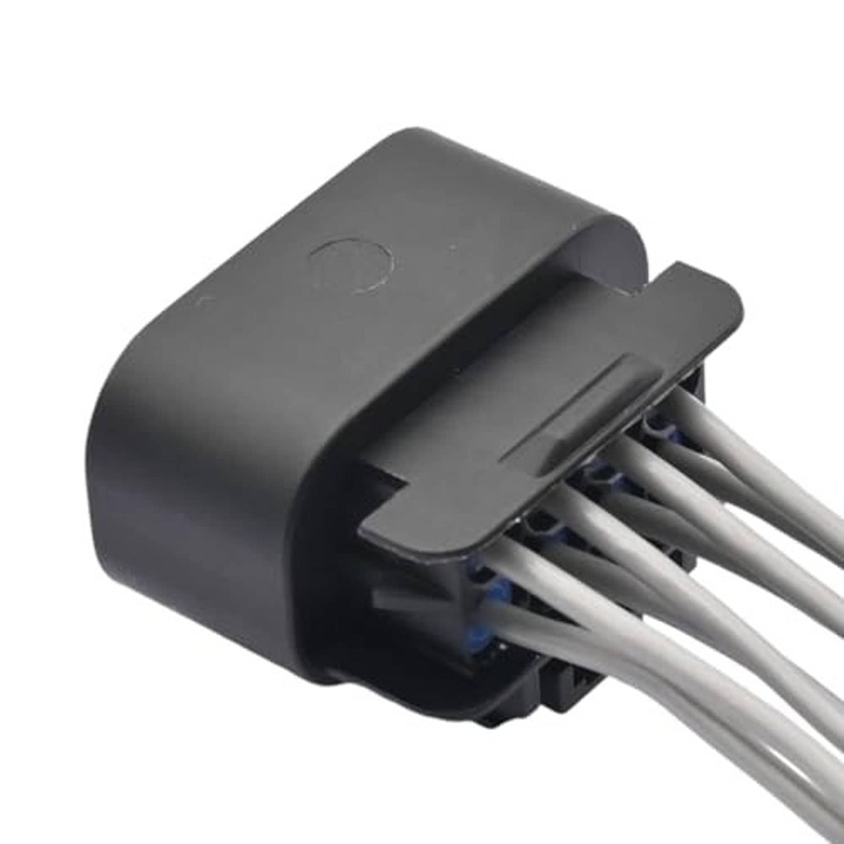 Black connector housing with gray wires and side release tab