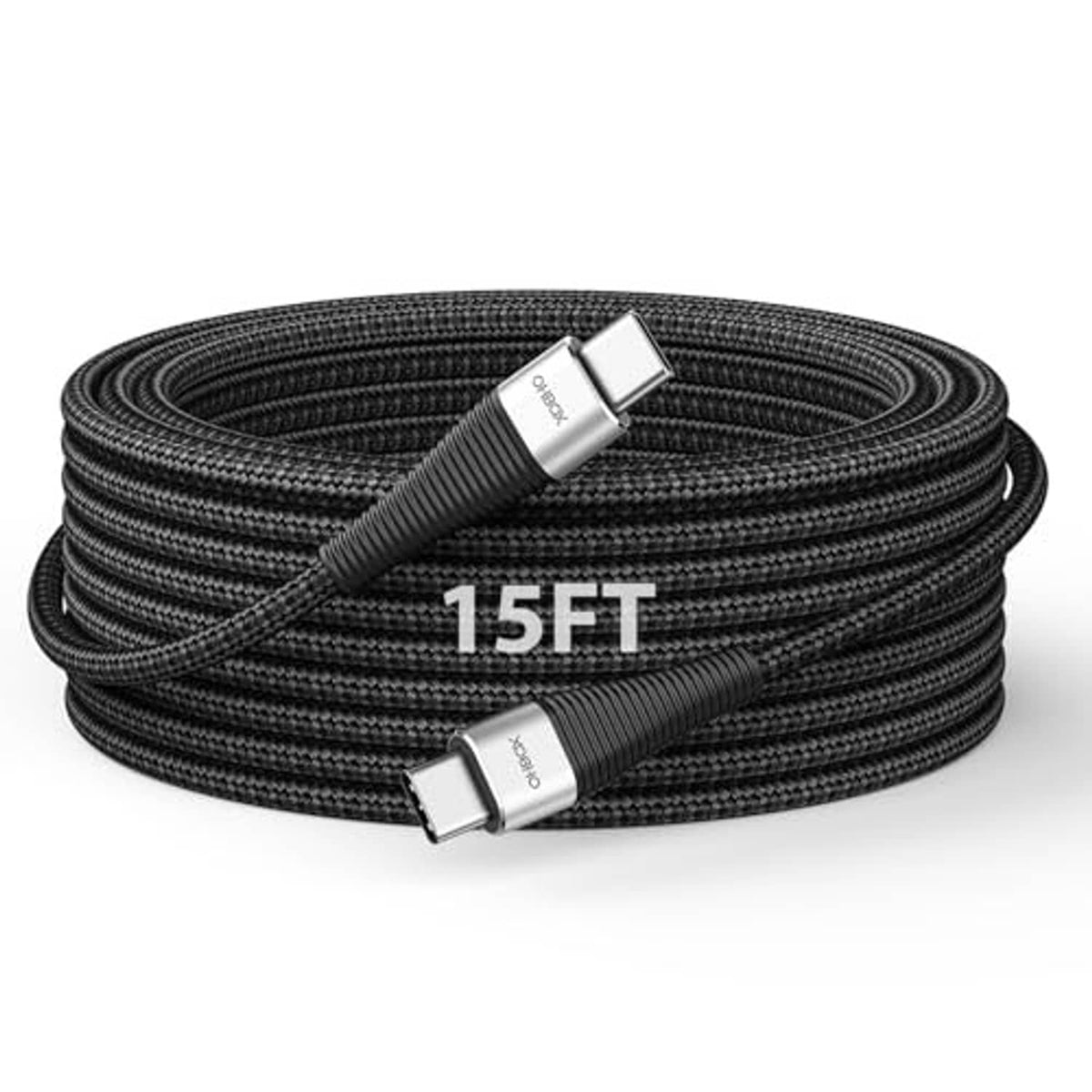 Coiled black 15FT USB-C to USB-C cable with two silver USB-C connector tips.