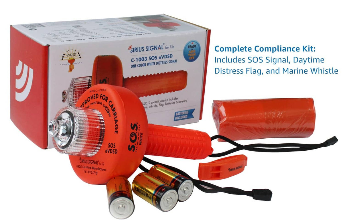 Red SOS LED distress flare device kit with batteries and black lanyard straps