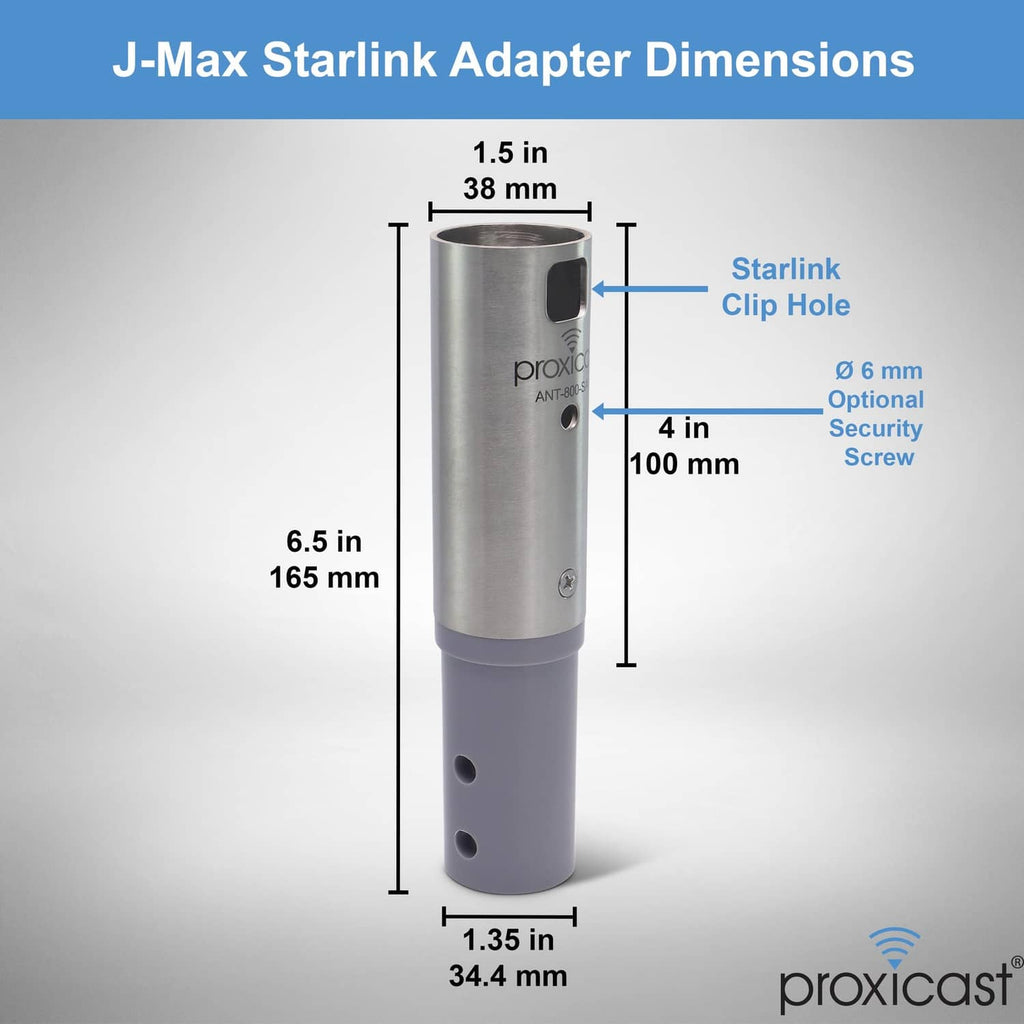 Starlink J-Max antenna adapter with mounting holes and clip area, shown with dimensions