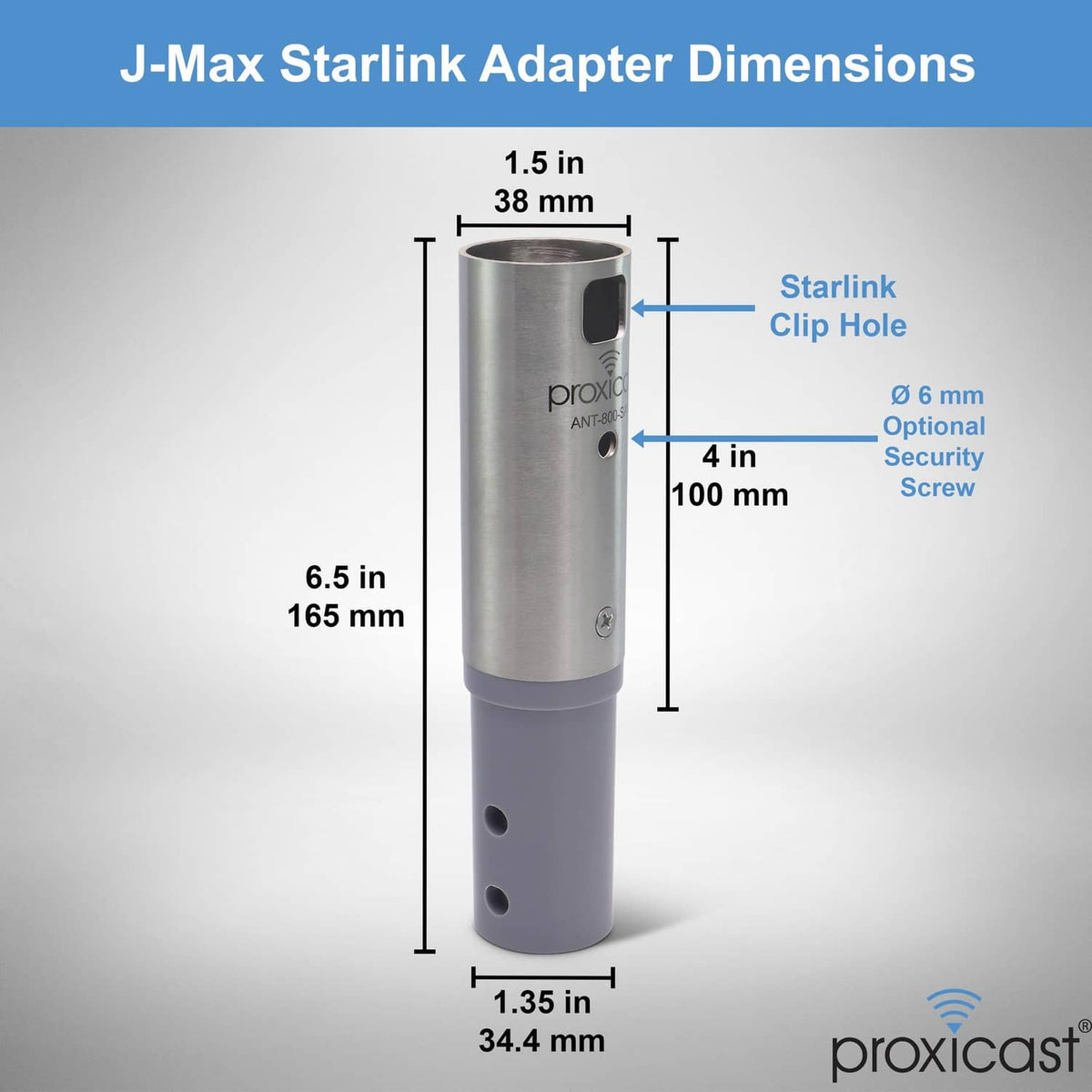Starlink J-Max antenna adapter with mounting holes and clip area, shown with dimensions