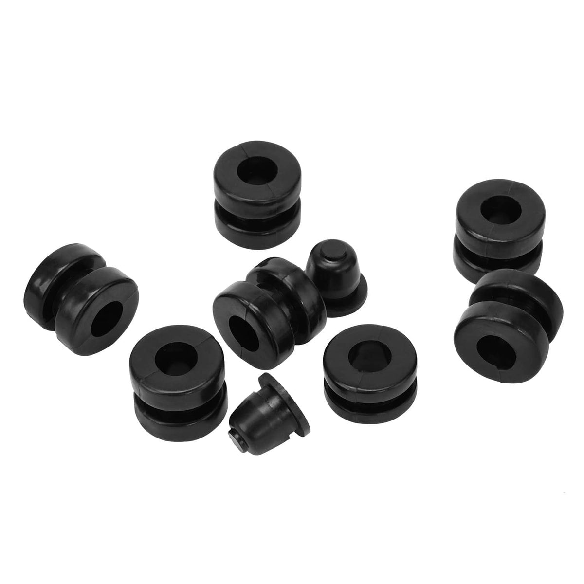 Black plastic fairing stay bracket bushings and spacers set with round openings