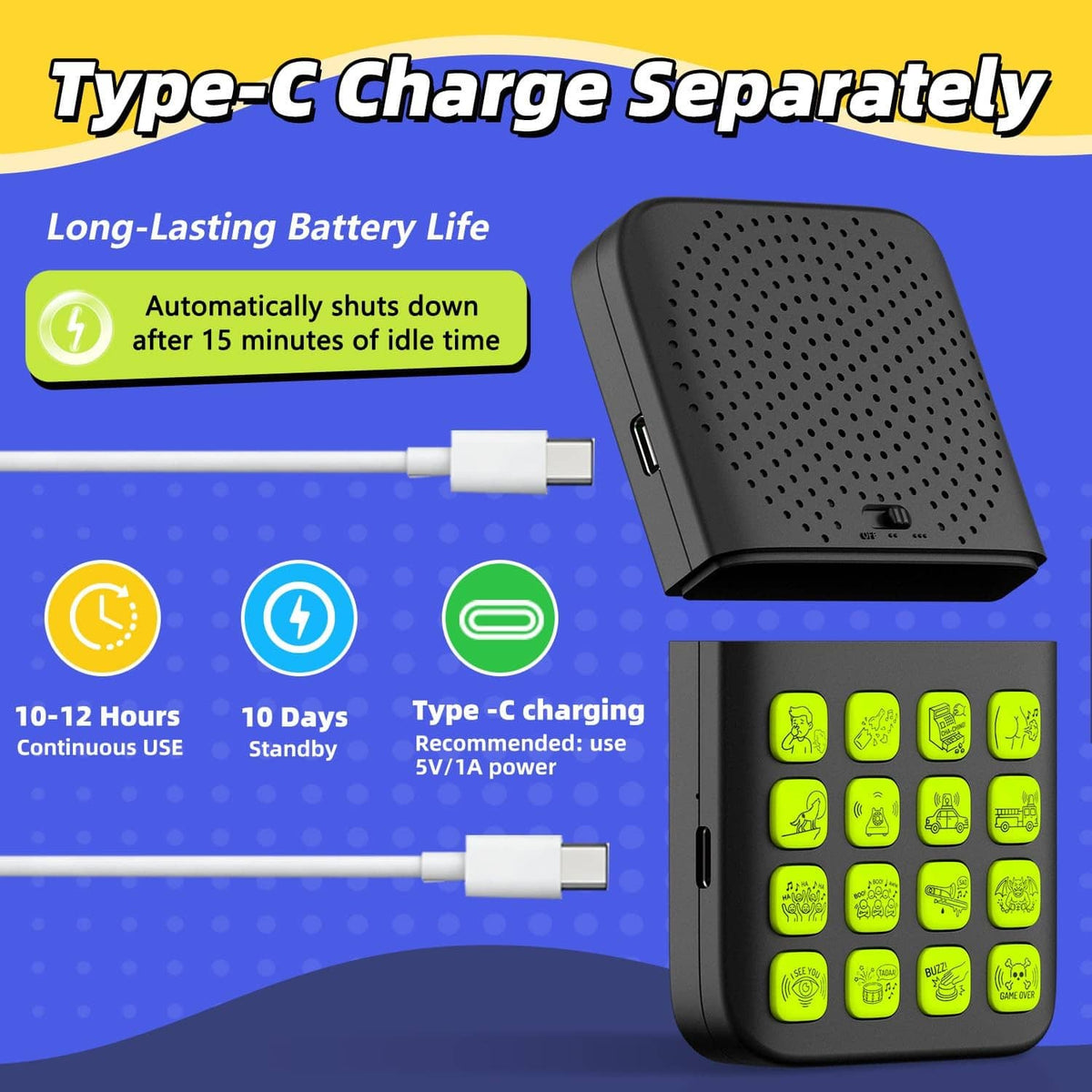 Black sound effects remote charging via Type-C port, with green button keypad visible