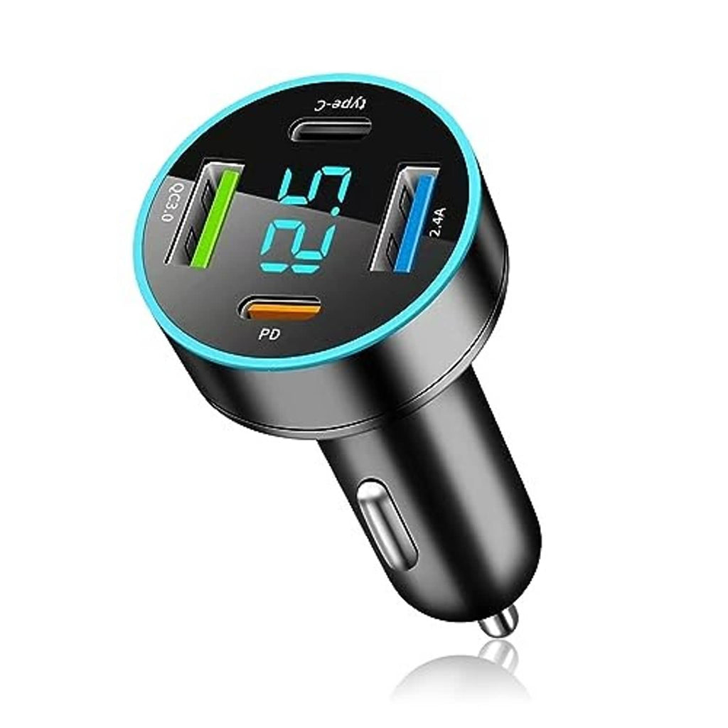 Black 4-port fast car charger with blue-ring LED voltmeter and visible USB outlets