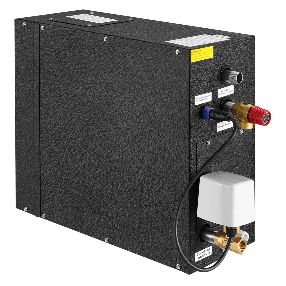 Steam generator controller front-right view with steam outlet and auto-drain hardware