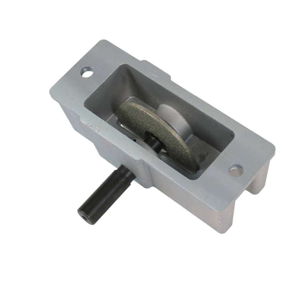 Manual piston ring grinder tool with abrasive wheel in clamp area and side crank
