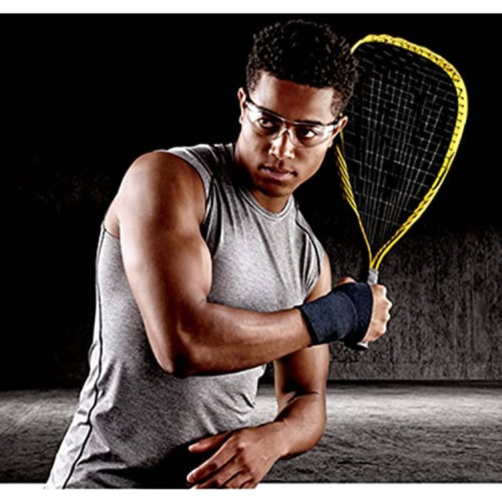 Dark sport wrist support wrap worn on a raised arm